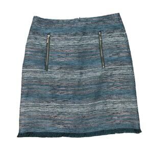 Ann Taylor Loft Tweed Skirt Size 00 Teal Gray Fringed‎ Lined Career